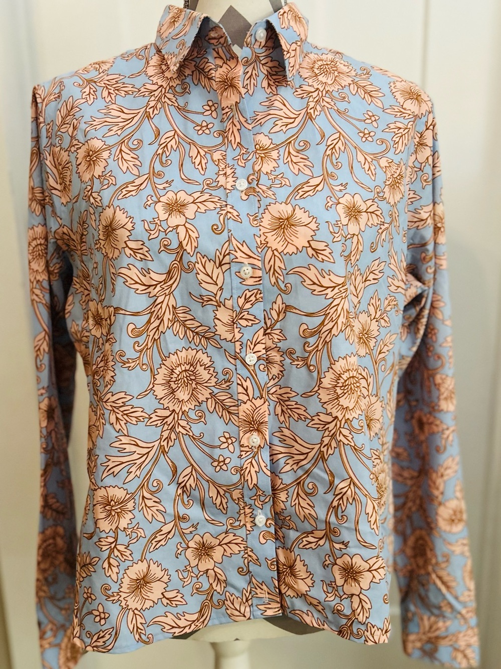 Lands' End Peach Floral Button-Front Shirt on Light Blue